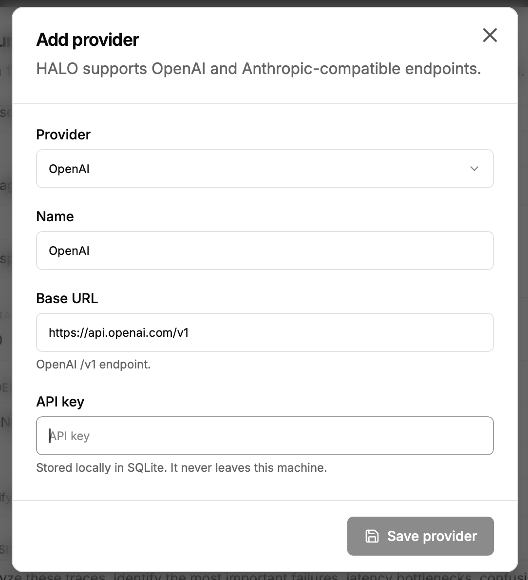 The Add provider dialog with a provider type selector, name, base URL, and API key fields
