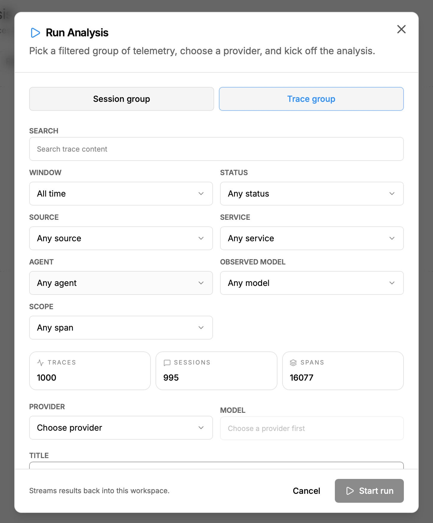 The Run Analysis dialog with Session group and Trace group tabs, telemetry filters, live counts showing 1,000 traces, and provider and model selectors