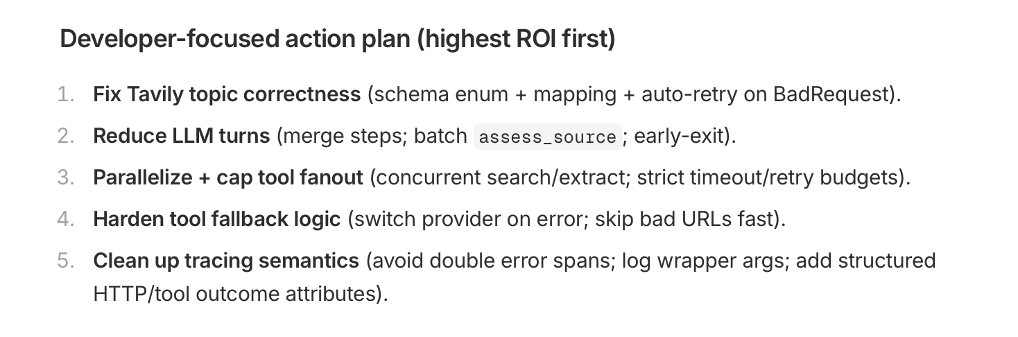 The developer-focused action plan from the HALO report, listing five fixes ranked by ROI, from Tavily topic correctness through cleaning up tracing semantics