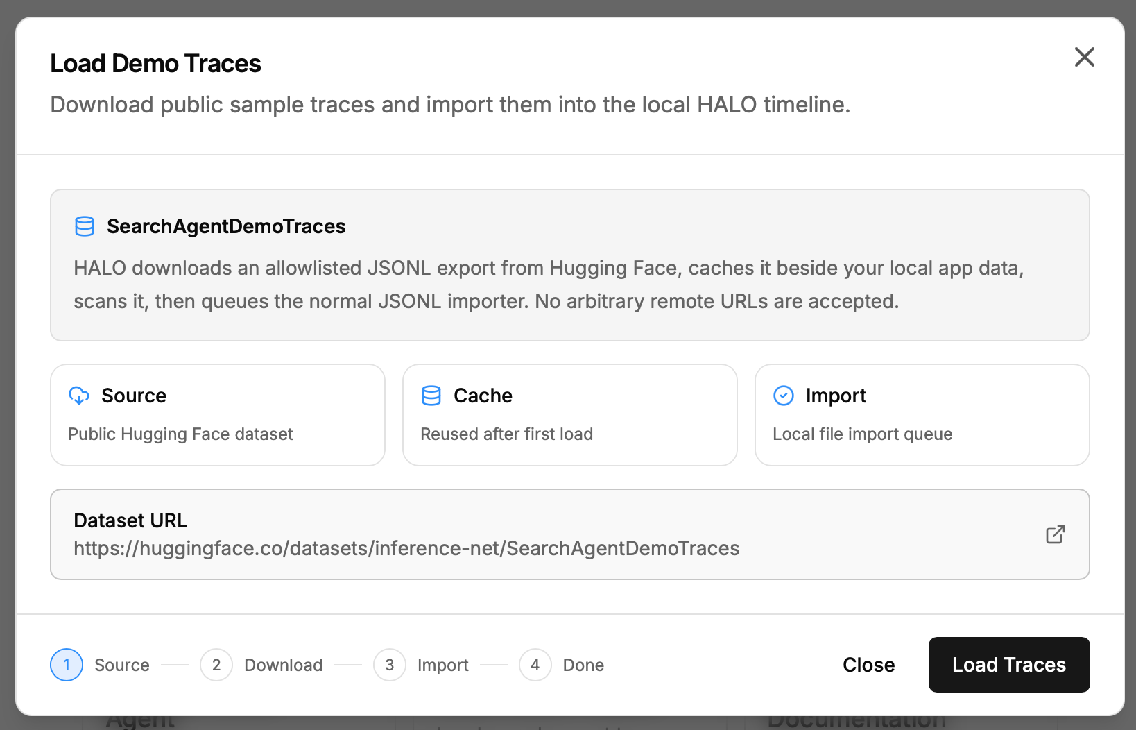 The Load Demo Traces dialog showing the SearchAgentDemoTraces Hugging Face dataset, with Source, Cache, and Import cards and a Load Traces button