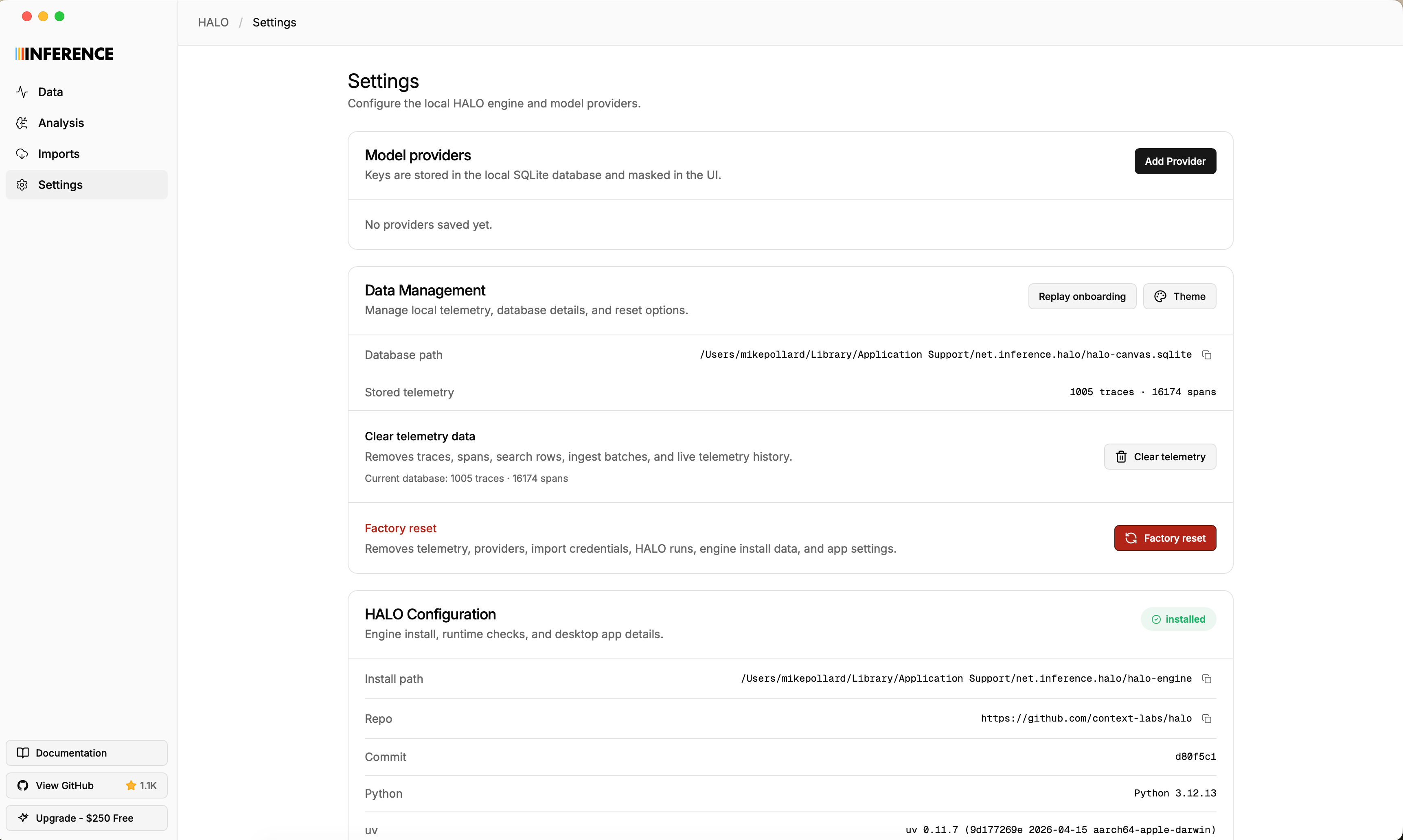 The Settings page showing the Model providers section with an Add Provider button, Data Management with database details, and the HALO Configuration section with the engine installed