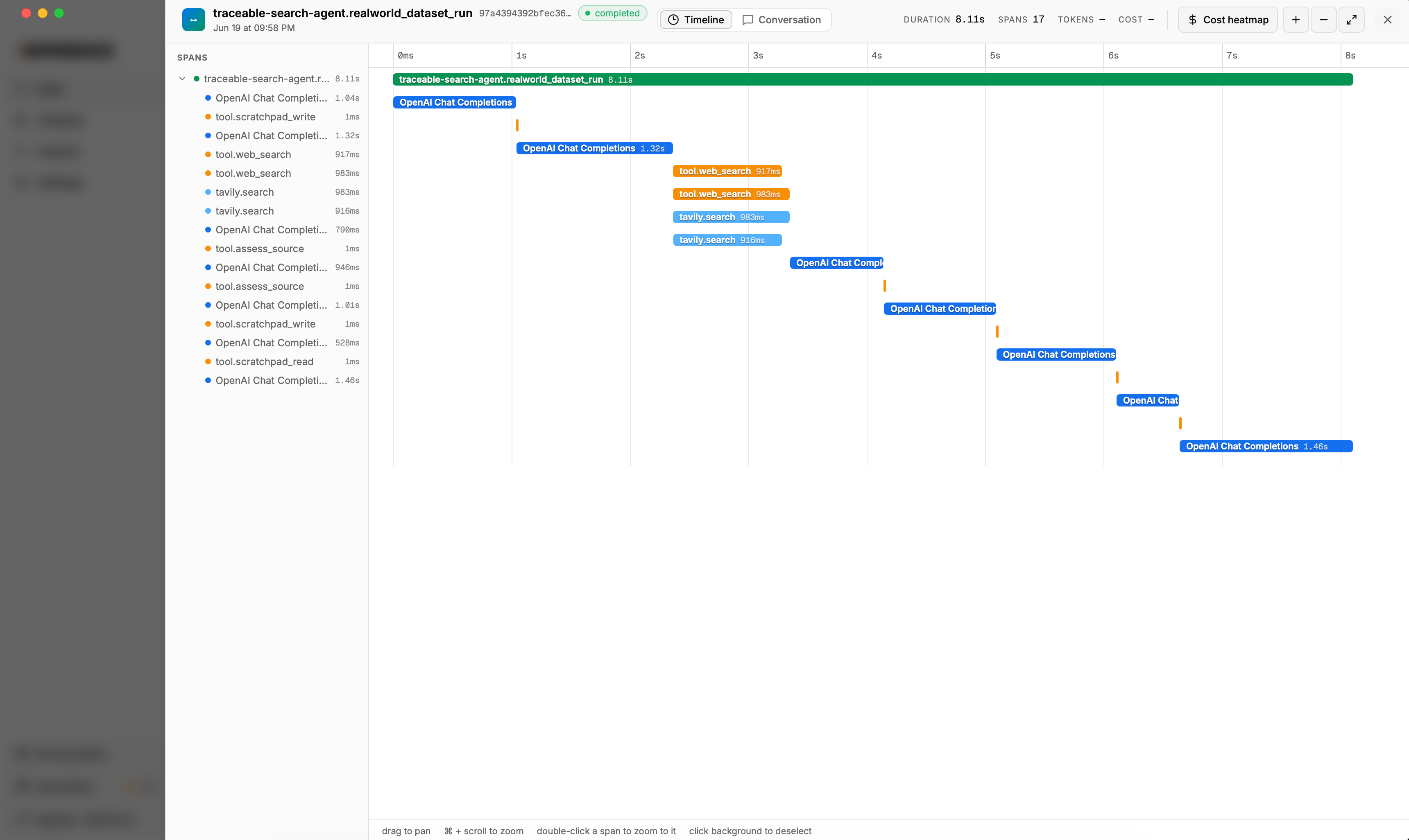 The Timeline view of a single trace, showing a waterfall of OpenAI Chat Completions calls, web search tool calls, and nested tavily.search retriever spans across an 8 second run