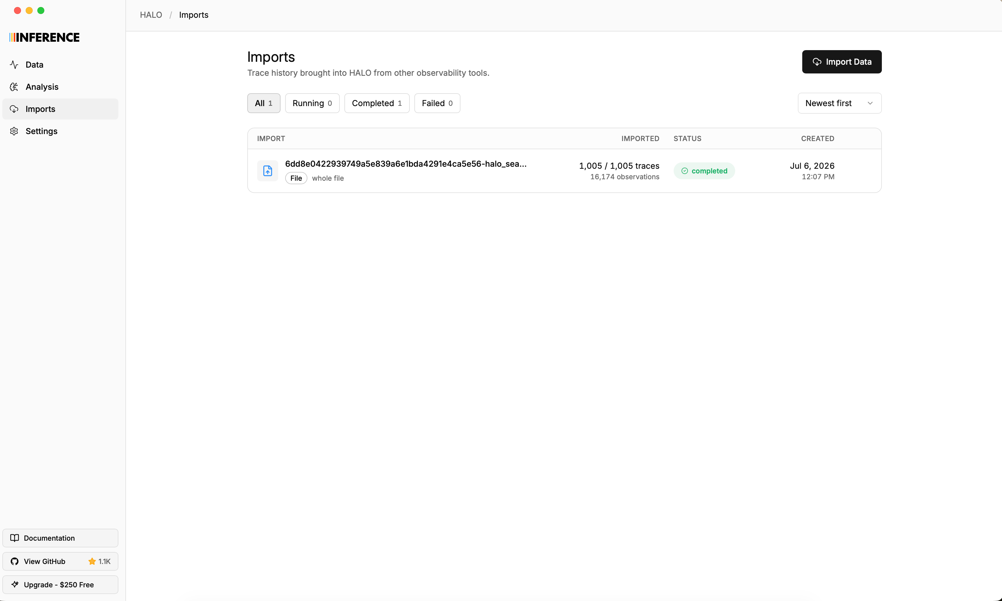 The Imports page showing a completed file import of 1,005 traces and 16,174 observations